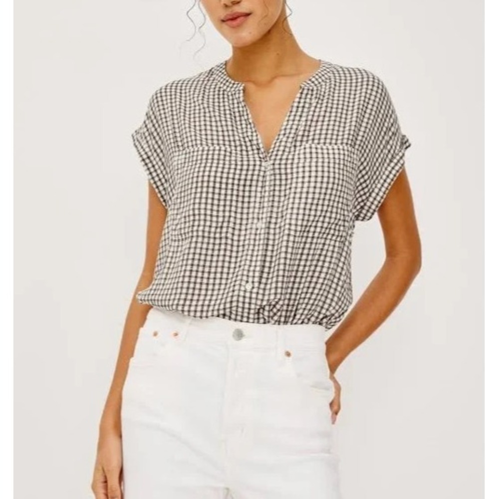 RAILS Espresso Brown GINGHAM Button-Up CUFF CAP SLEEVES Pockets MEL SHIRT/TOP S